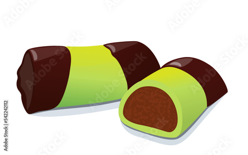 Vector swedish punch roll, illustration of green traditional candy dammsugare, marzipan sweet punschrulle