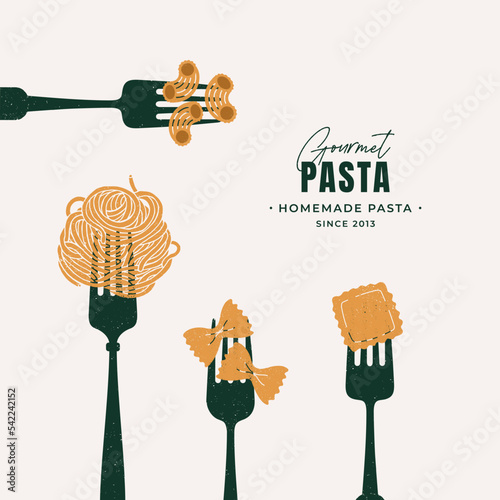 Forks with various pasta. Italian food design template. 
