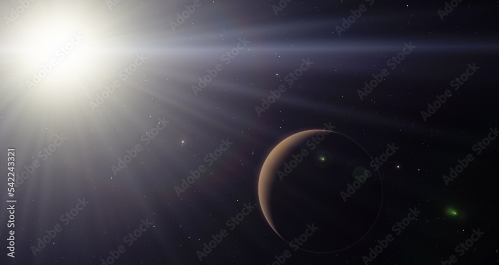 Mars and the sun in space, sunrise on Mars. Sun rays and a planet 3d illustration background