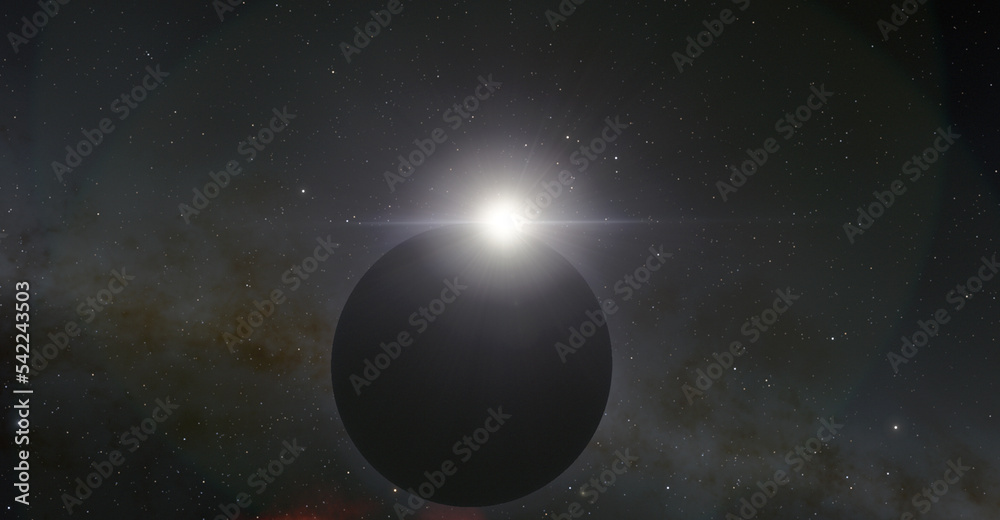 Sunrise on Pluto. Sun rays and and a planet 3d illustration background