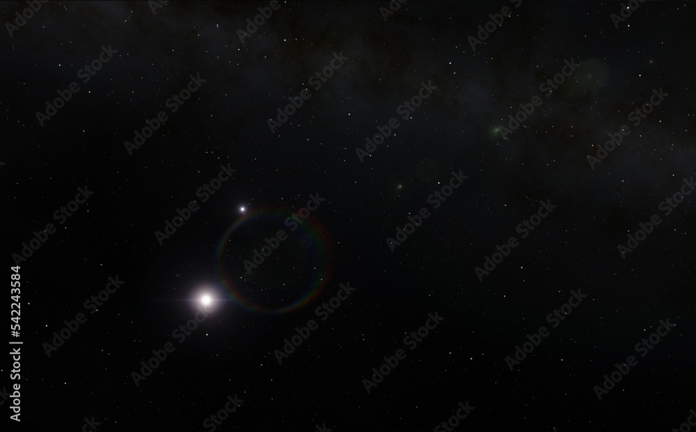 Sun and stars 3d rendering, deep space background illustration