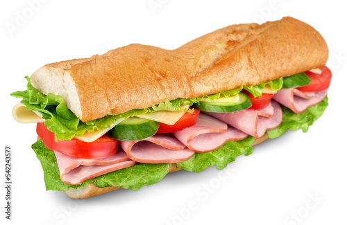 Ham and cheese salad submarine sandwich from freshly cut baguette