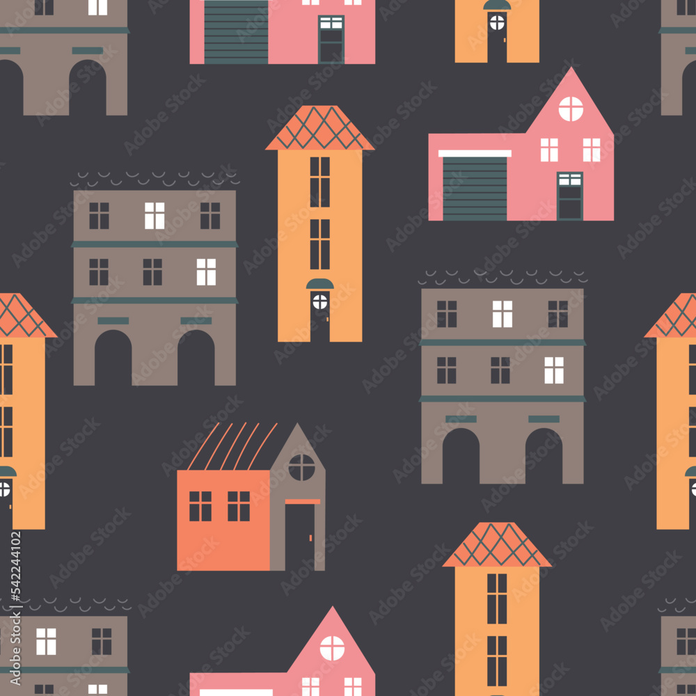 City town buildings simple doodle style seamless pattern abstract design element concept illustration