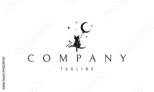 Vector logo on which an abstract image of a funny cat sitting on a tree branch with the moon on a string.