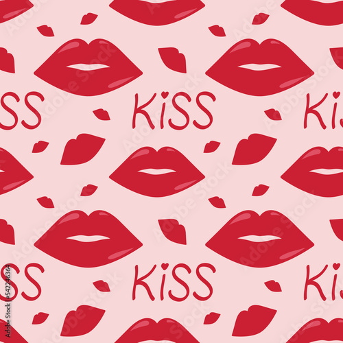 Seamless pattern with red lips and word kiss. Flat vector illustration for Valentine's day, World Kiss day