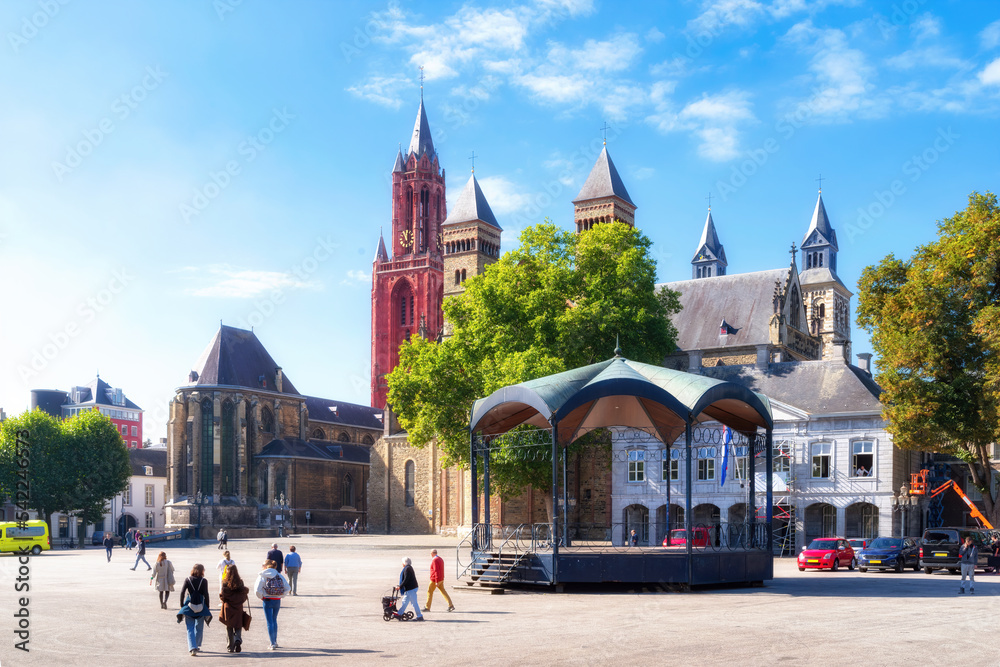 Maastricht, Netherlands. Church of Saint John (left) and Basilica of Saint Servatius (right) viewed from the Vrijthof