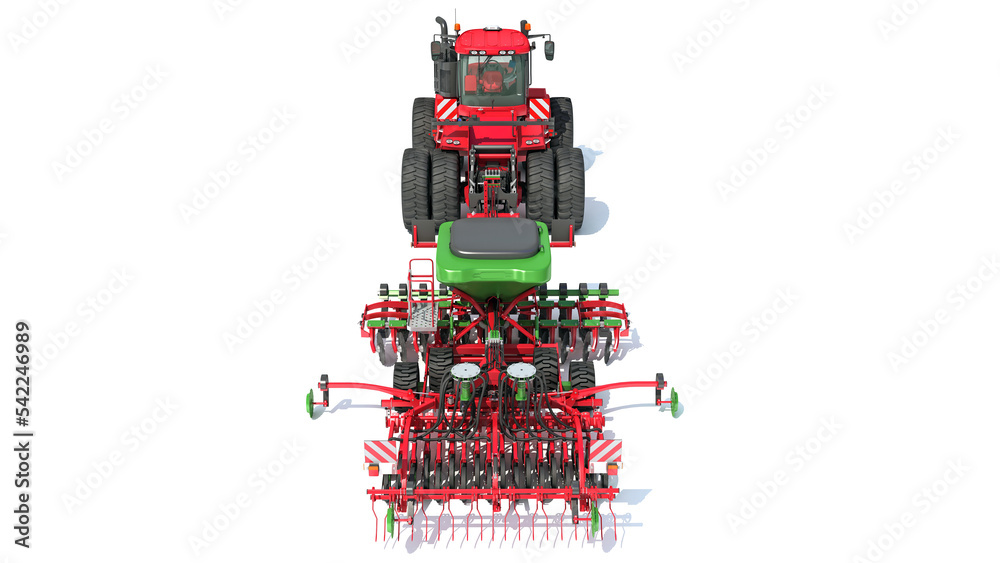 Fototapeta premium Farm Tractor with Seed Drill 3D rendering on white background