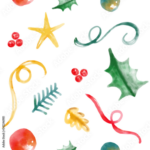 Watercolor seamless pattern. Red yellow and red christmas ornaments on white background. Print for fabric design, textile, wallpaper, wrapping. © Mayra