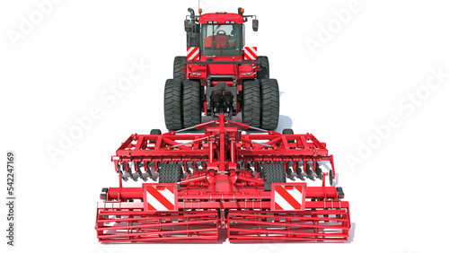 Obraz na plátne Tractor with trailed disc harrow 3D rendering on white background