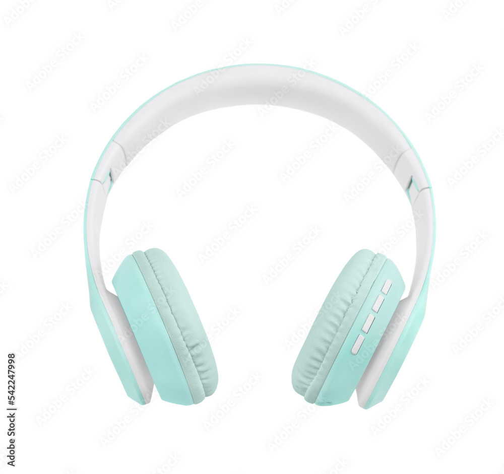 Headphones isolated on white background . White and mint green wireless headphones. Front view photo. Headphones isolated on white background . White and mint green wireless headphones. Front view photo.