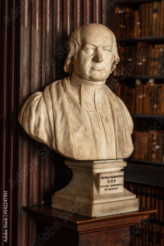 Bust of Bishop Thomas Erlington in Long Room of Trinity College Old Library in Dublin