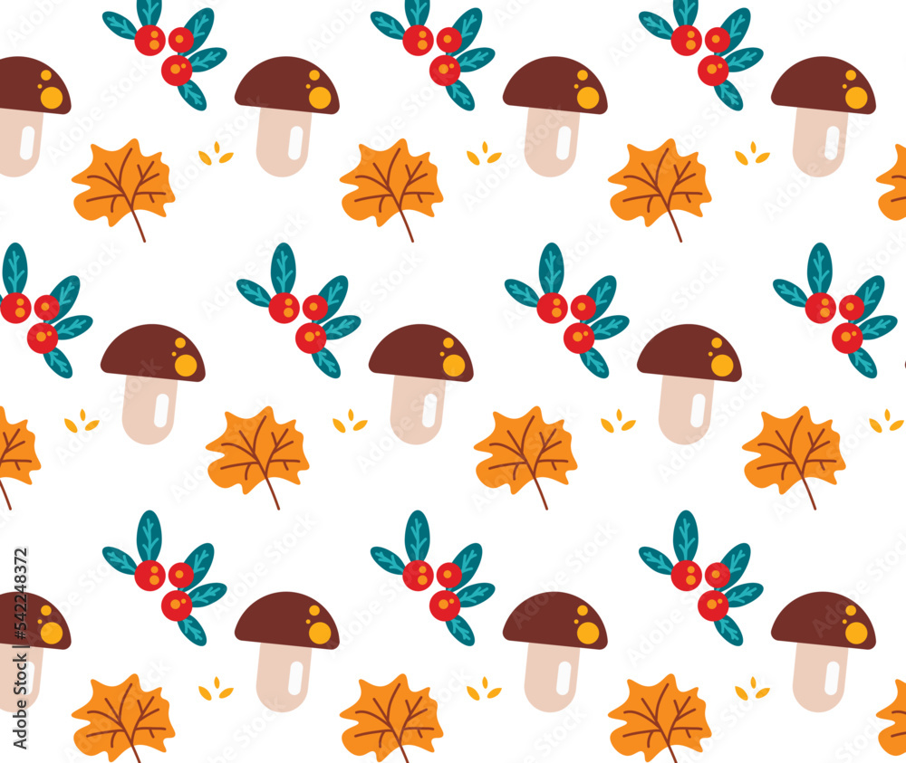 Seamless pattern with autumn leaves and mushrooms