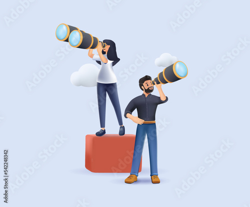 3D Cartoon vector illustration of forecast look into future Businessman looking into big spyglass, woman looking