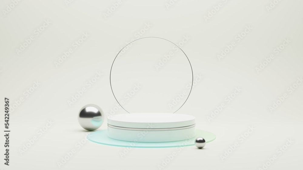 3D render of a modern product Display Podium mockup on a bright background. Glossy tabletop with a Silver band around it with Silver spheres plants around