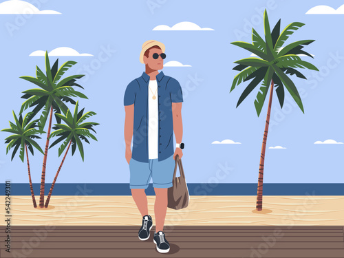 Stylish young man on vacation surrounded by a beautiful view with tropical tress and golden beach sand. Flat design vector illustration. Luxury lifestyle. Vector.
