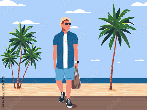 Happy person on vacation surrounded by a beautiful view with tropical tress and golden beach sand. Flat design illustration. Luxury lifestyle.