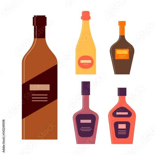 Set bottles of rum champagne balsam liquor cream. Icon bottle with cap and label. Graphic design for any purposes. Flat style. Color form. Party drink concept. Simple image shape