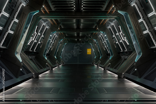 Fototapeta Naklejka Na Ścianę i Meble -  Science fiction fantasy corridor in a space station or star ship. 3D illustration.