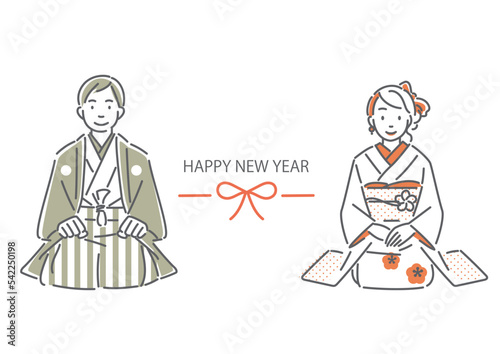 和服で新年の挨拶をする女性と男性　シンプルでお洒落な線画イラスト