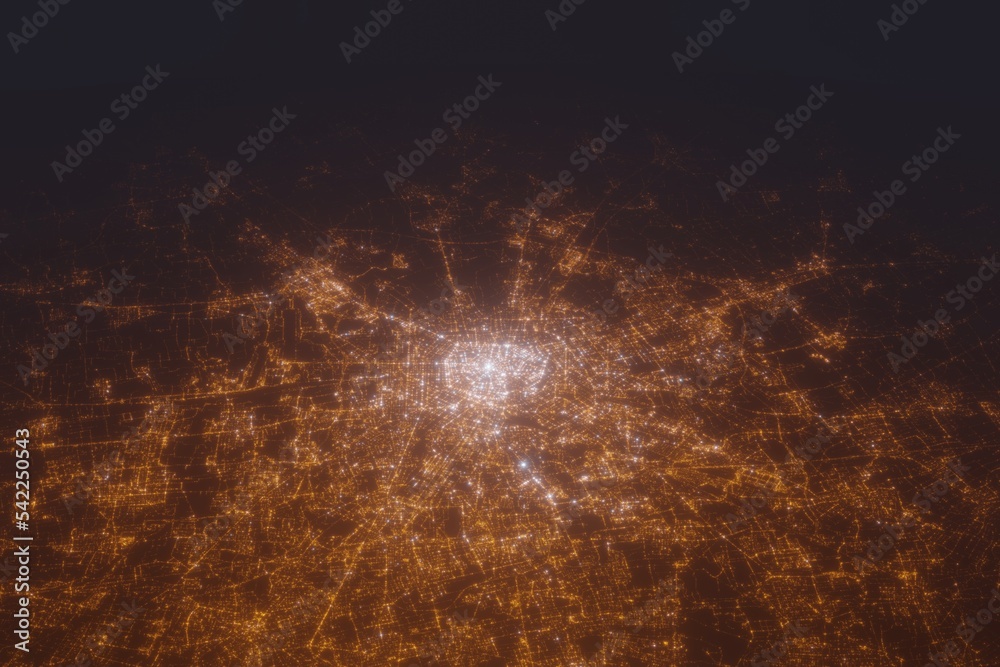 Aerial shot of Milan (Italy) at night, view from north. Imitation of satellite view on modern city with street lights and glow effect. 3d render - obrazy, fototapety, plakaty 
