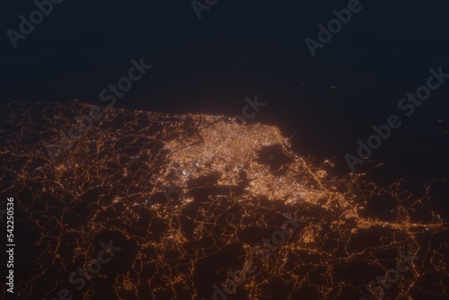 Aerial shot on Makassar (Indonesia) at night, view from east. Imitation of satellite view on modern city with street lights and glow effect. 3d render