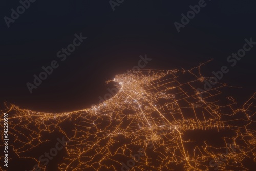 Aerial shot on Durres (Albania) at night, view from east. Imitation of satellite view on modern city with street lights and glow effect. 3d render