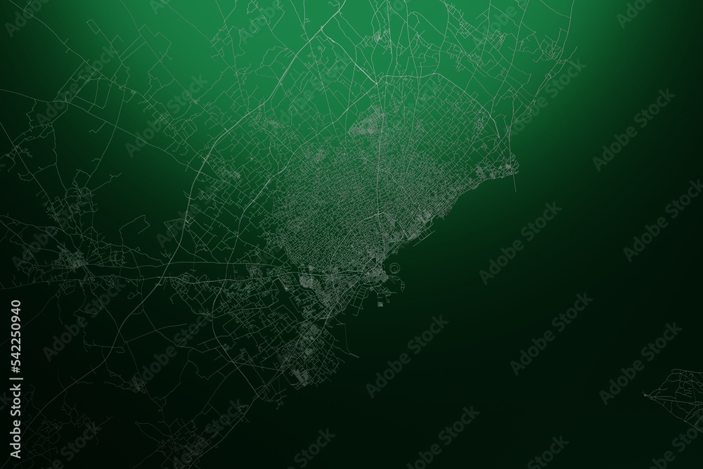 Street map of Sfax (Tunisia) engraved on green metal background. Light is coming from top. 3d render, illustration
