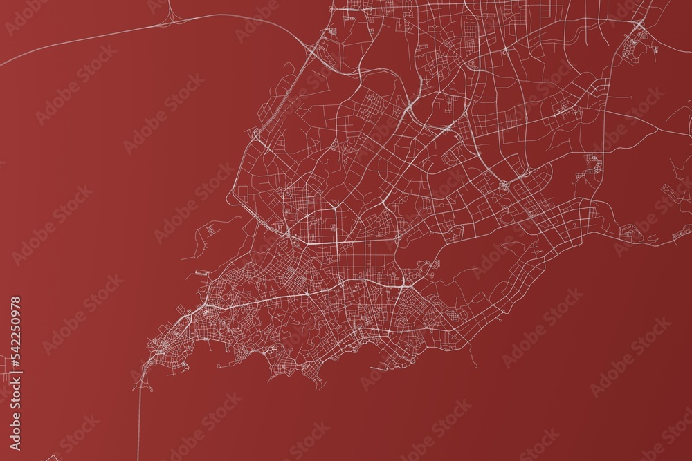 Map of the streets of Qingdao (China) made with white lines on red background. Top view. 3d render, illustration