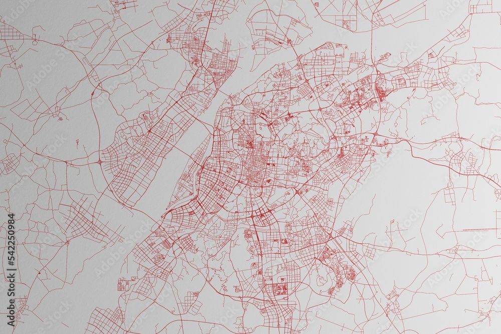 Map of the streets of Nanjing (China) made with red lines on white paper. 3d render, illustration