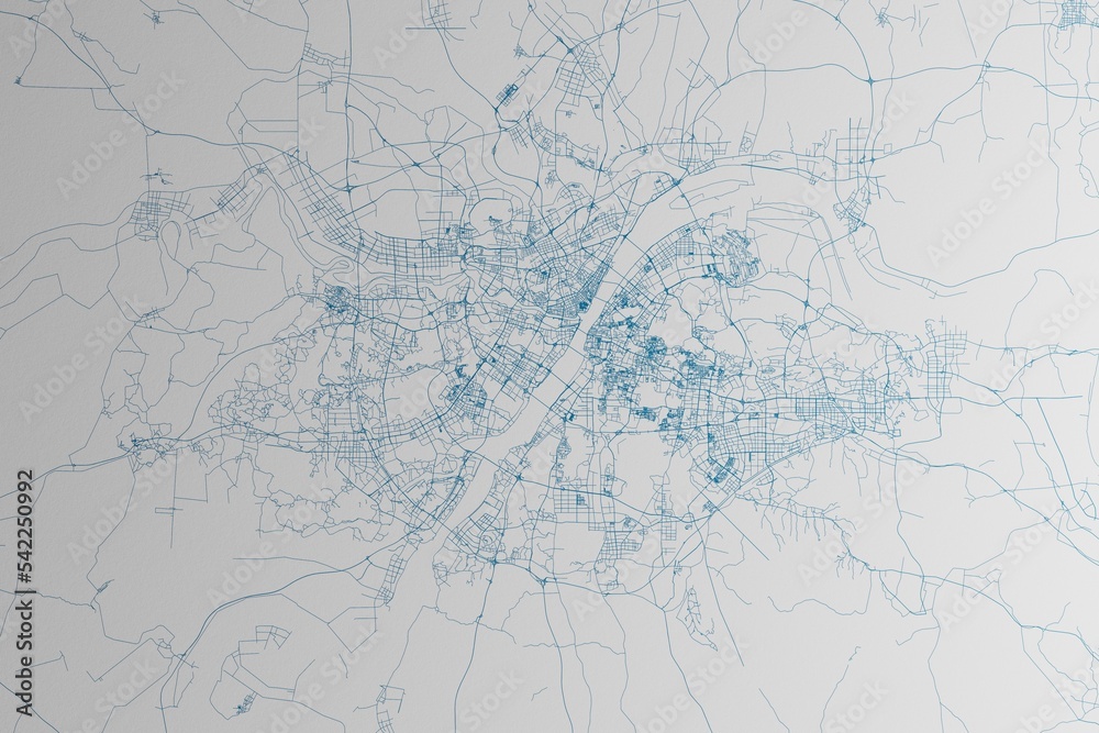 Map of the streets of Wuhan (China) made with blue lines on white paper. 3d render, illustration