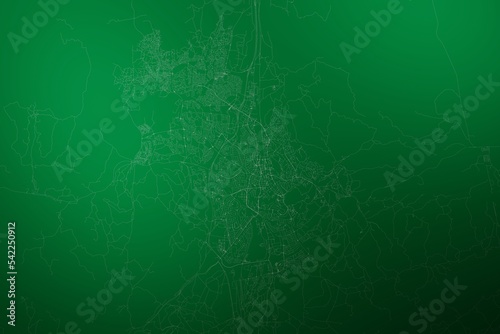 Map of the streets of Windhoek (Namibia) made with white lines on abstract green background lit by two lights. Top view. 3d render, illustration