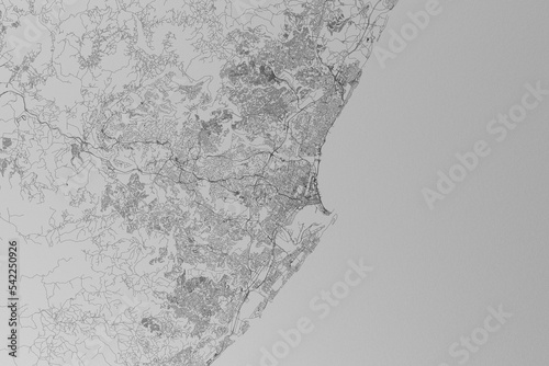 Map of the streets of Durban (South Africa) made with black lines on grey paper. Top view. 3d render, illustration