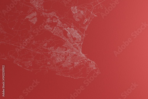 Map of the streets of Port Elizabeth (South Africa) made with white lines on red paper. Top view, rough background. 3d render, illustration