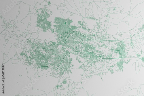 Map of the streets of Kabul (Afghanistan) made with green lines on white paper. 3d render, illustration