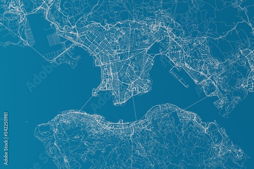 Map of the streets of Hong Kong made with white lines on blue background. 3d render, illustration