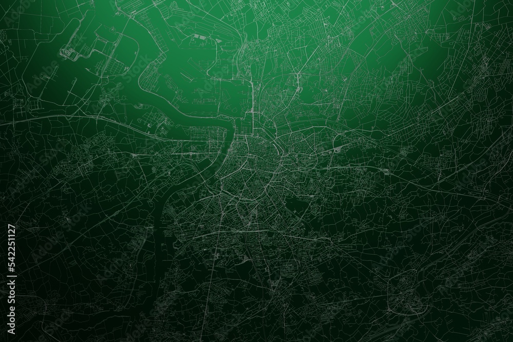 Street map of Antwerp (Belgium) engraved on green metal background. Light is coming from top. 3d render, illustration Street map of Antwerp (Belgium) engraved on green metal background. Light is coming from top. 3d render, illustration