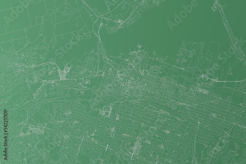 Stylized map of the streets of Hamilton (Canada) made with white lines on green background. Top view. 3d render, illustration