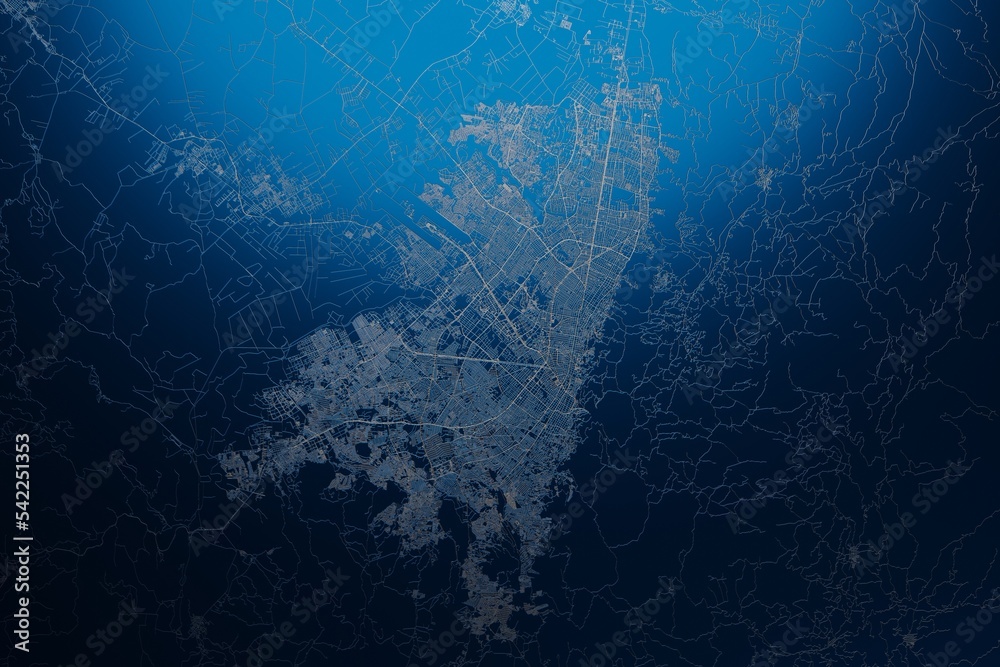 Street map of Bogota (Colombia) engraved on blue metal background. View with light coming from top. 3d render, illustration Street map of Bogota (Colombia) engraved on blue metal background. View with light coming from top. 3d render, illustration
