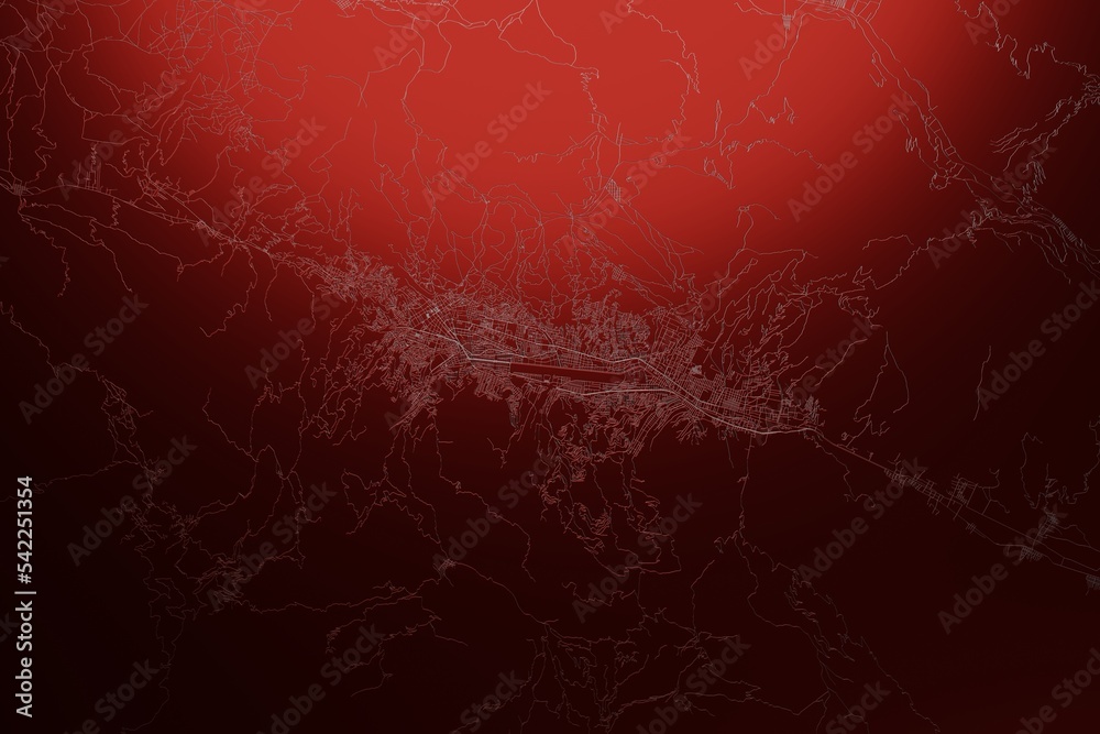 Street map of Cusco (Peru) engraved on red metal background. Light is coming from top. 3d render, illustration