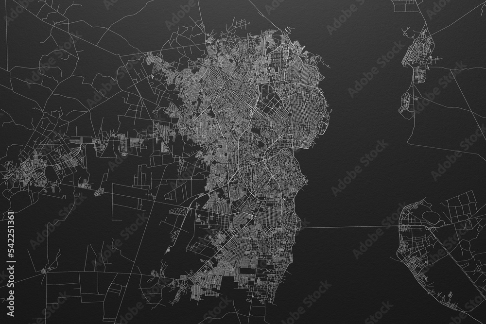 Street map of Maracaibo (Venezuela) on black paper with light coming from top