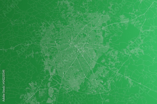 Map of the streets of Curitiba (Brazil) made with white lines on green paper. Rough background. 3d render, illustration