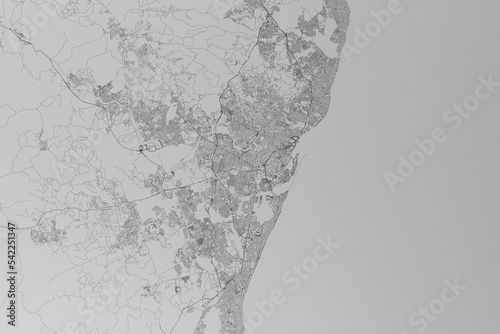 Map of the streets of Recife (Brazil) made with black lines on grey paper. Top view. 3d render, illustration