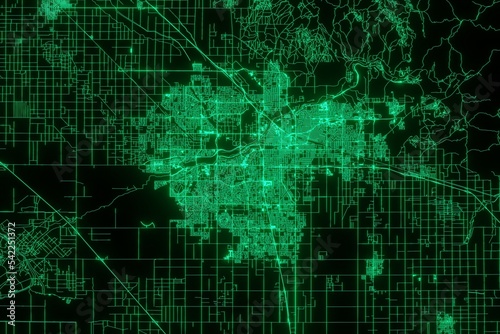 Map of the streets of Bakersfield (California, USA) made with green illumination and glow effect. Top view on roads network. 3d render, illustration
