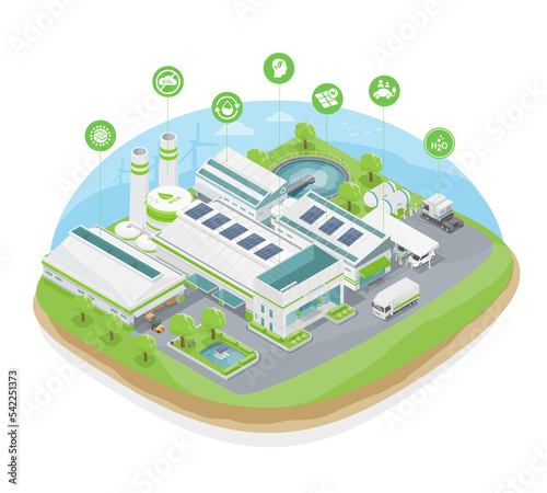 eco factory concept ecology for industry with solar cell energy and wastewater treatment on green isolate isomatric vector