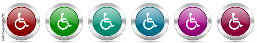 Wheelchair silver metallic vector icon set, round glossy buttons with chrome border for web design Wheelchair silver metallic vector icon set, round glossy buttons with chrome border for web design