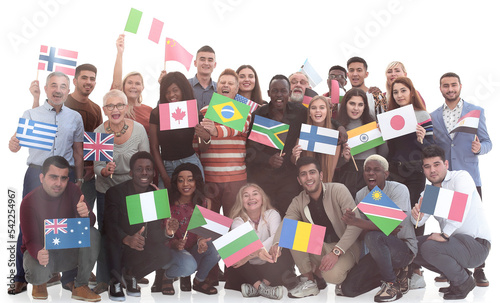 Group of diverse people standing with flags different countries
