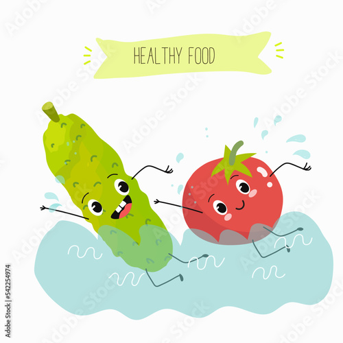 Vector illustration of funny cartoon character of cucumber and tomato floating in water, swimming pool, healthy food, ingredients, kids t-shirt design.