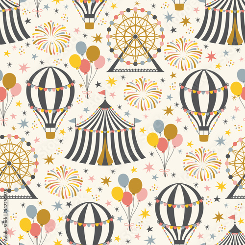 Circus theme pattern. Seamless pattern with vintage carnival elements. Vector illustration.
