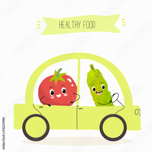 Vector illustration of funny bell pepper cartoon character on scooter, healthy food, ingredient, design for kids t-shirt.