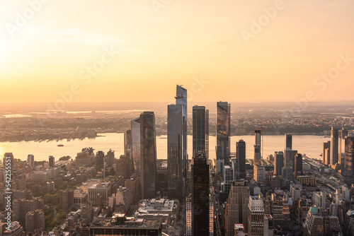 Dawn skyline view of New York Hudson Yards. The fading twilight